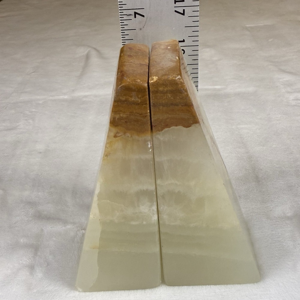 Vintage Green Onyx Marble Bookends Pair Natural Stone Brown Banded 7in Geometric - Picture 3 of 10
